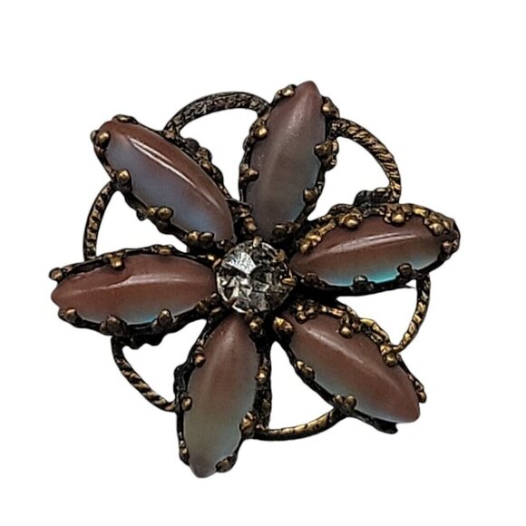 Victorian Saphiret Paste Flower Brooch Rare Czech Glass Antique Gold Tone - Picture 5 of 7